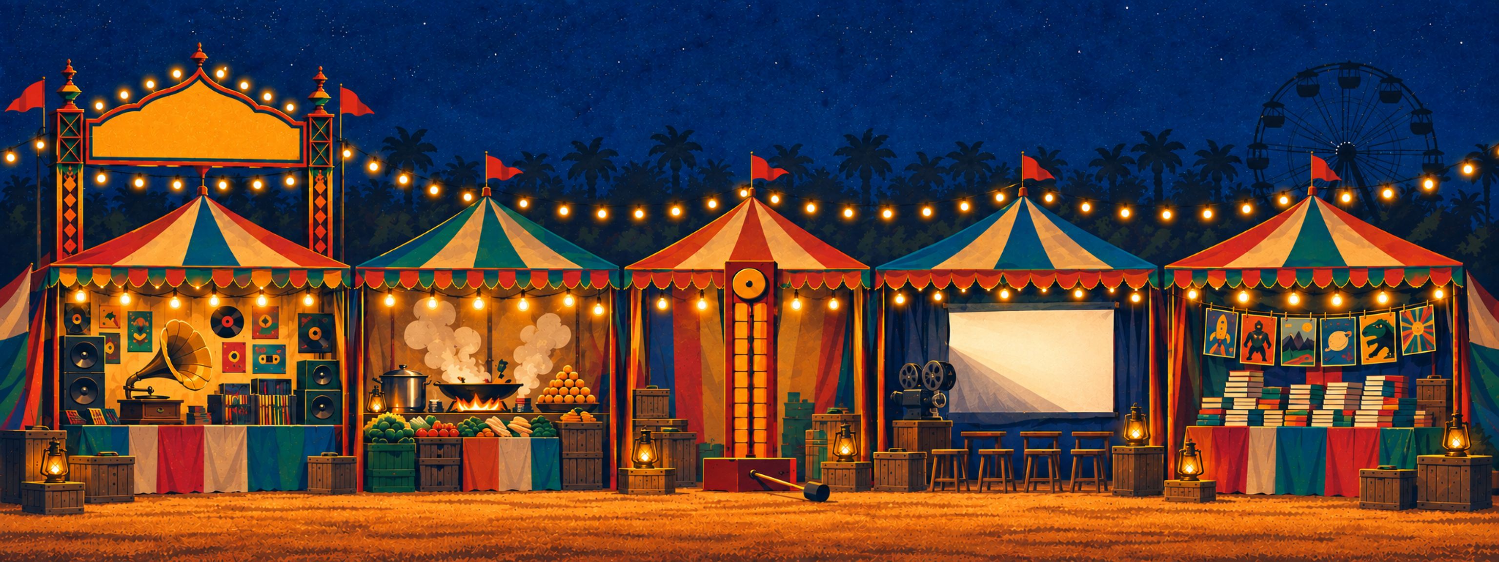 A night fairground with five lit stalls